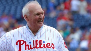 Former Philadelphia Phillies manager, Charlie Manuel participates in Alumni Weekend ceremonies before a game between the Philadelphia Phillies and the New York Mets at Citizens Bank Park on August 13, 2017 in Philadelphia, Pennsylvania.