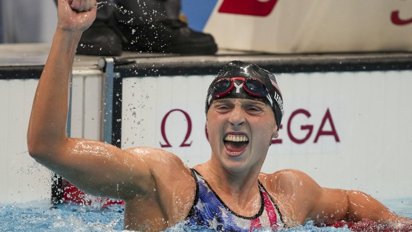 Katie Ledecky, of the United States, reacts after winning the women's 1500-meters freestyle final at the 2020 Summer Olympics, Wednesday, July 28, 2021, in Tokyo, Japan.