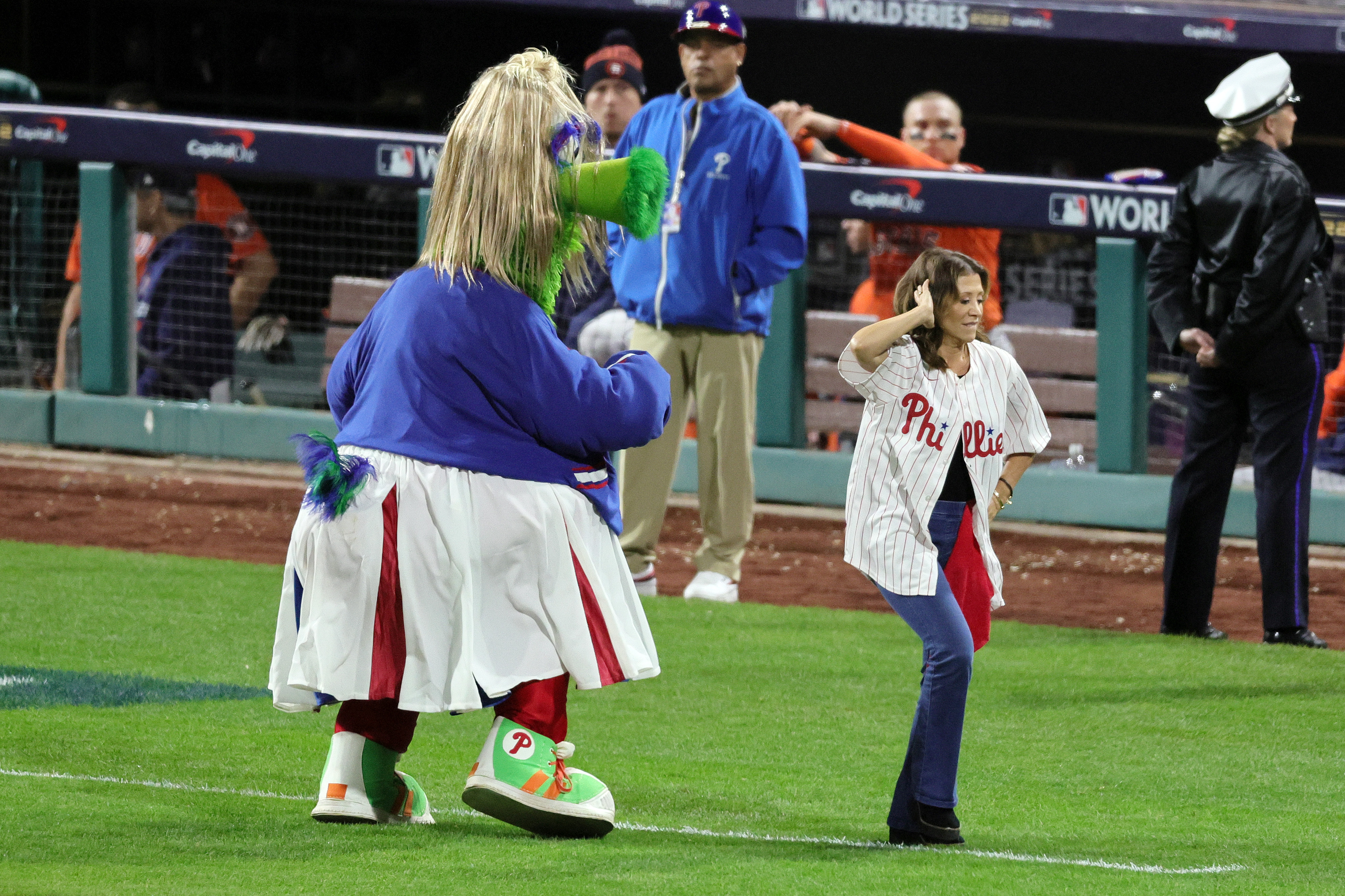 Fellow Upper Darby native and “SNL” alum Cheri Oteri took it one step further and not only posed with the Phanatic, but danced with him at the 2022 World Series.