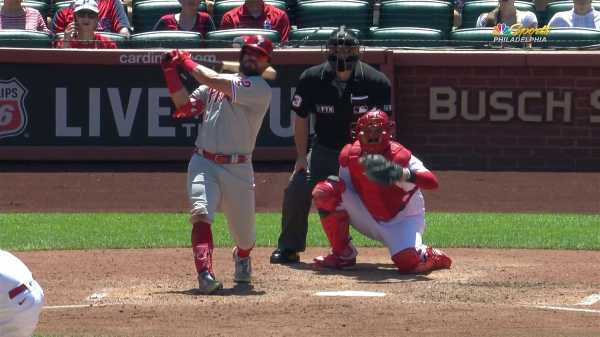 Philadelphia Phillies' Bryson Stott, right, question umpire Sean