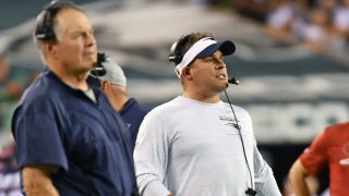 Aug 19, 2021; Philadelphia, Pennsylvania, USA; New England Patriots offensive coordinator Josh McDaniels against the Philadelphia Eagles at Lincoln Financial Field. Mandatory Credit: Eric Hartline-USA TODAY Sports