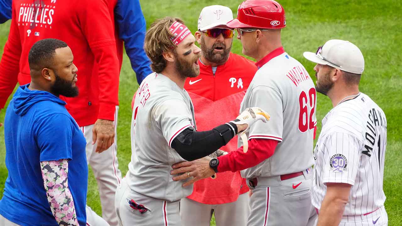 Harper ejected for charging dugout, Freeland pitches Rockies past