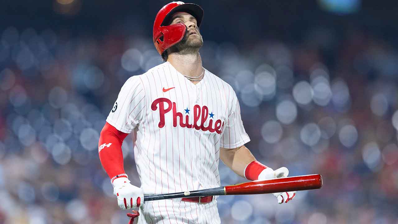 Bryce Harper of the Philadelphia Phillies stands during the national  News Photo - Getty Images