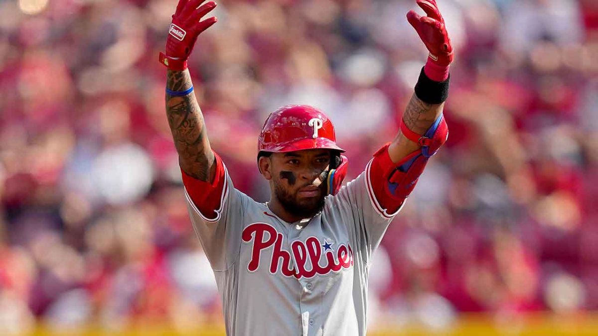 Philadelphia Phillies' Edmundo Sosa gestures from second base