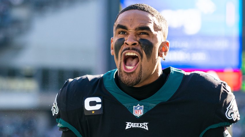 Dec 26, 2021; Philadelphia, Pennsylvania, USA; Philadelphia Eagles quarterback Jalen Hurts (1) reacts as he takes the field before a game against the New York Giants at Lincoln Financial Field. Mandatory Credit: Bill Streicher-USA TODAY Sports