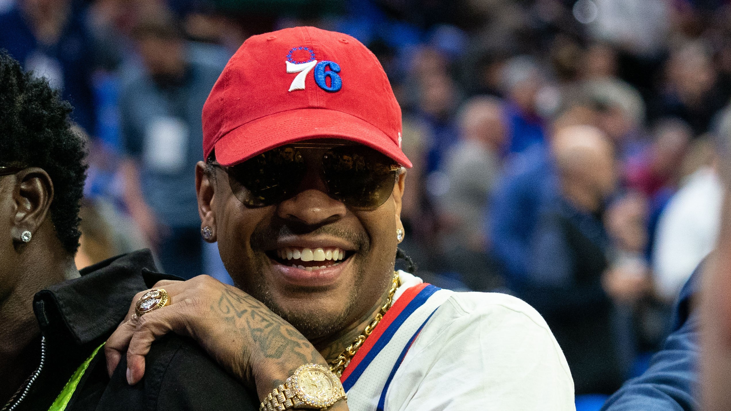 April 6, 2019: 76ers Hall of Famer Allen Iverson (3) reacts as he is