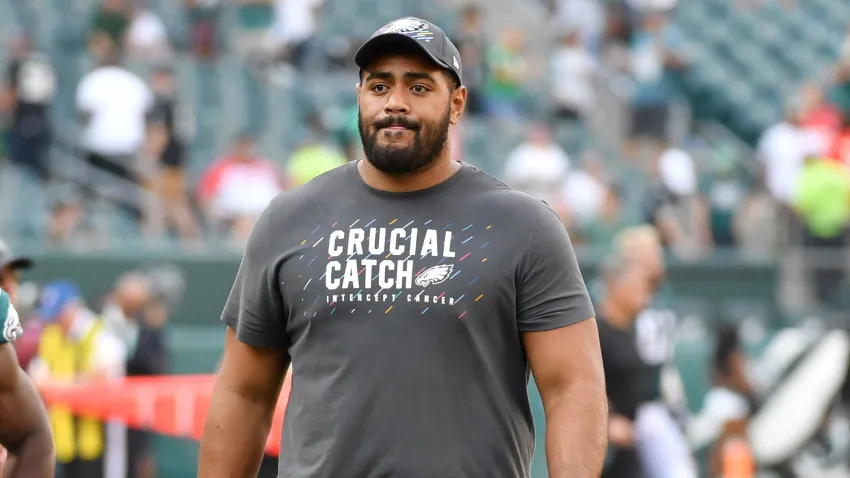 Oct 3, 2021; Philadelphia, Pennsylvania, USA; Philadelphia Eagles offensive tackle Jordan Mailata (68) talks off the field after loss to the Kansas City Chiefs at Lincoln Financial Field. Mandatory Credit: Eric Hartline-USA TODAY Sports