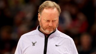 WASHINGTON, DC – APRIL 04: Head coach Mike Budenholzer of the Milwaukee Bucks looks on against the Washington Wizards at Capital One Arena on April 04, 2023 in Washington, DC. NOTE TO USER: User expressly acknowledges and agrees that, by downloading and or using this photograph, User is consenting to the terms and conditions of the Getty Images License Agreement. (Photo by Rob Carr/Getty Images)