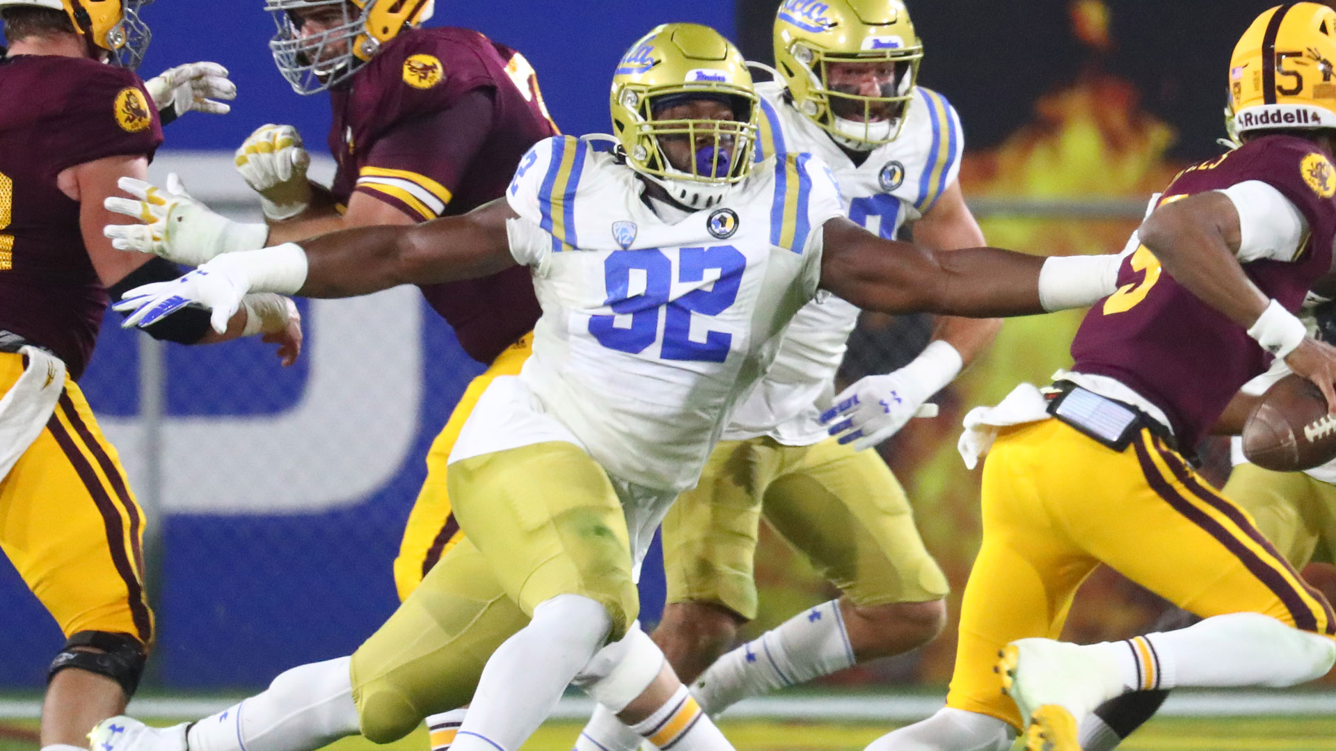 <p>At 6-2, 280, Odighizuwa is a little bit of a tweener but the possibility of getting some interior pass rush this late in the draft is appealing. He had 10 1/2 sacks over the last three years at UCLA and always seemed able to get into the backfield. In just seven games in 2020, he had 4 sacks, 6 TFLs and 30 tackles.</p>
