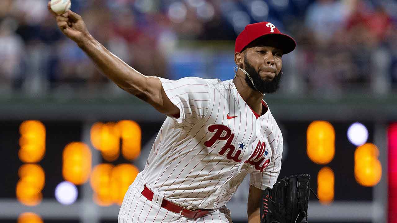 Philadelphia Phillies relief pitcher Seranthony Dominguez (58) in action  during the first baseball game of a