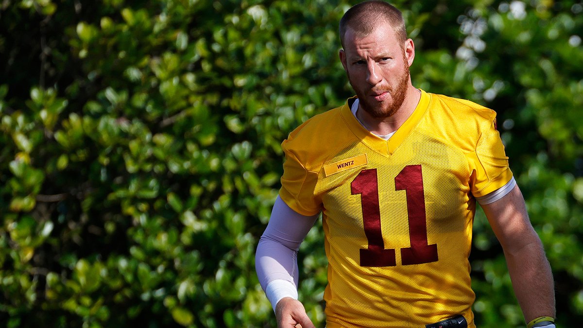 Scott Abraham on X: Former Washington QB Carson Wentz with a very good IG  post. He's working out wearing an Eagles helmet, Commanders jersey and  Colts shorts. Well done.  / X