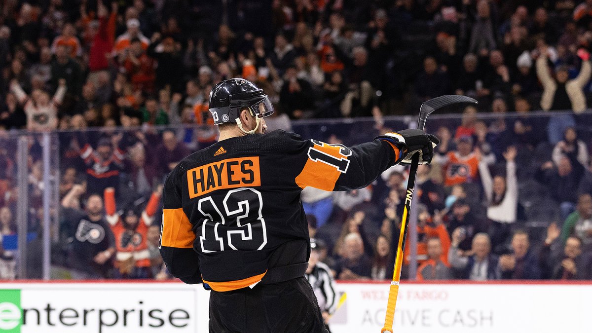 Kevin Hayes of the Philadelphia Flyers prepares for warm-ups in