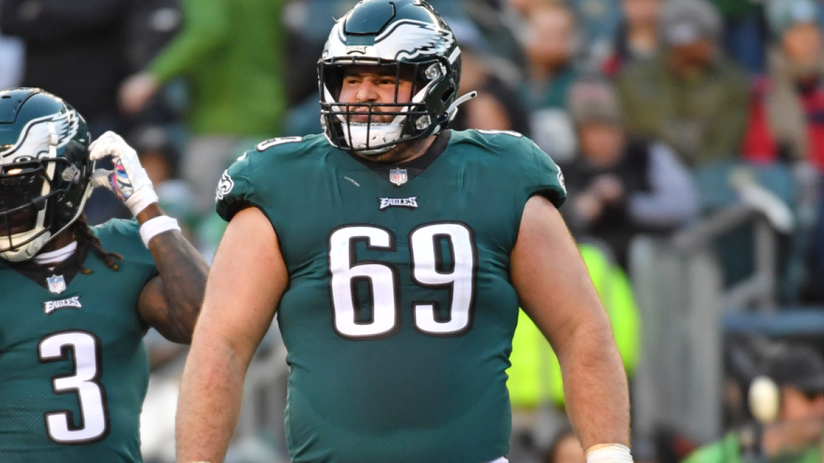 Philadelphia Eagles center Landon Dickerson (69) walks off the field with  trainers during the second half of the NFC Championship NFL football game  between the Philadelphia Eagles and the San Francisco 49ers