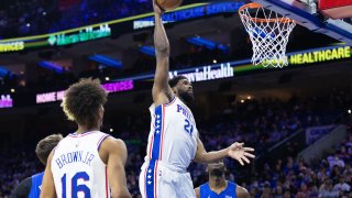 Jan 19, 2022; Philadelphia, Pennsylvania, USA; Philadelphia 76ers center Joel Embiid (21) drives for a dunk against the Orlando Magic during the second quarter at Wells Fargo Center. Mandatory Credit: Bill Streicher-USA TODAY Sports