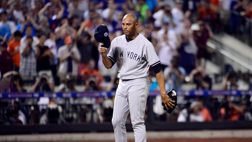 Jul 16, 2013; Flushing, NY, USA; American League pitcher Mariano Rivera (42) of the New York Yankees gestures after coming into the game during the eighth inning during the 2013 All Star Game at Citi Field. Mandatory Credit: Scott Rovak-USA TODAY Sports