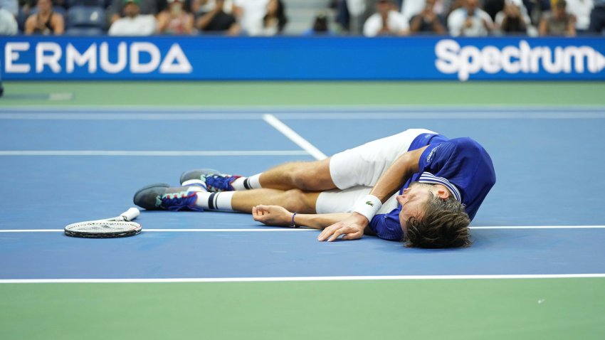 Sep 12, 2021; Flushing, NY, USA; Daniil Medvedev of Russia celebrates after match point against Novak Djokovic of Serbia (not pictured) in the men’s singles final on day fourteen of the 2021 U.S. Open tennis tournament at USTA Billie Jean King National Tennis Center. Mandatory Credit: Danielle Parhizkaran-USA TODAY Sports