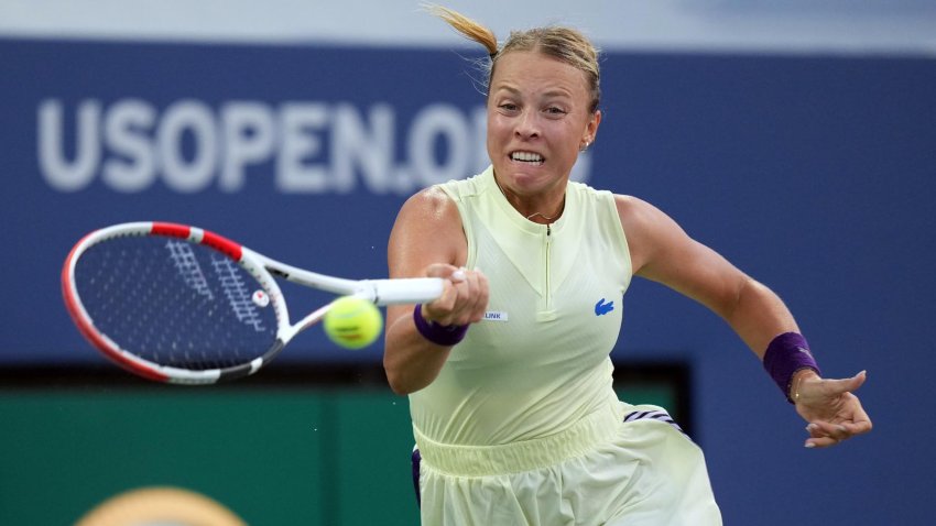Aug 29, 2022; Flushing, NY, USA; Anett Kontaveit of Estonia hits a shot against Jaqueline Adina Cristian of Romania on day one of the 2022 U.S. Open tennis tournament at USTA Billie Jean King National Tennis Center. Mandatory Credit: Jerry Lai-USA TODAY Sports