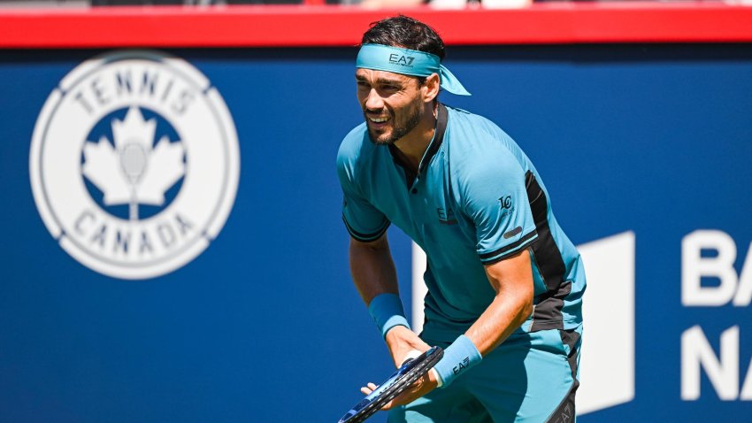 Aug 7, 2022; Montreal, Quebec, Canada; Fabio Fognini (ITA) waits for Daniel Altmaier (GER) (not pictured) to serve the ball in second round qualifying play at IGA Stadium. Mandatory Credit: David Kirouac-USA TODAY Sports