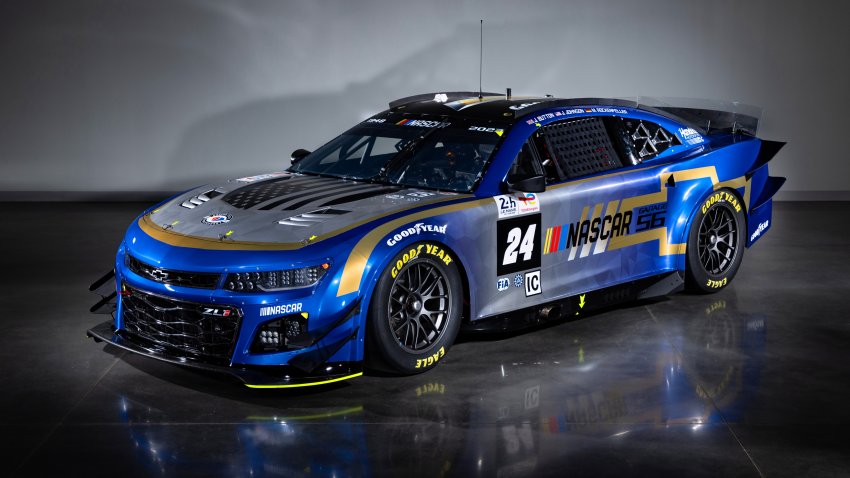 The NASCAR Garage 56 Next Gen Chevrolet Camaro ZL1 is seen during a photo opportunity at Hendrick Motorsports on April 20, 2023 in Charlotte, N.C.