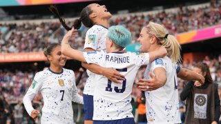 Lindsey Horan #10 of the United States celebrates scoring with Sophia Smith #11 and Megan Rapinoe #15 during the second half of the FIFA Women’s World Cup Australia & New Zealand 2023 Group E match between USA and Vietnam at Eden Park on July 22, 2023 in Auckland, New Zealand.