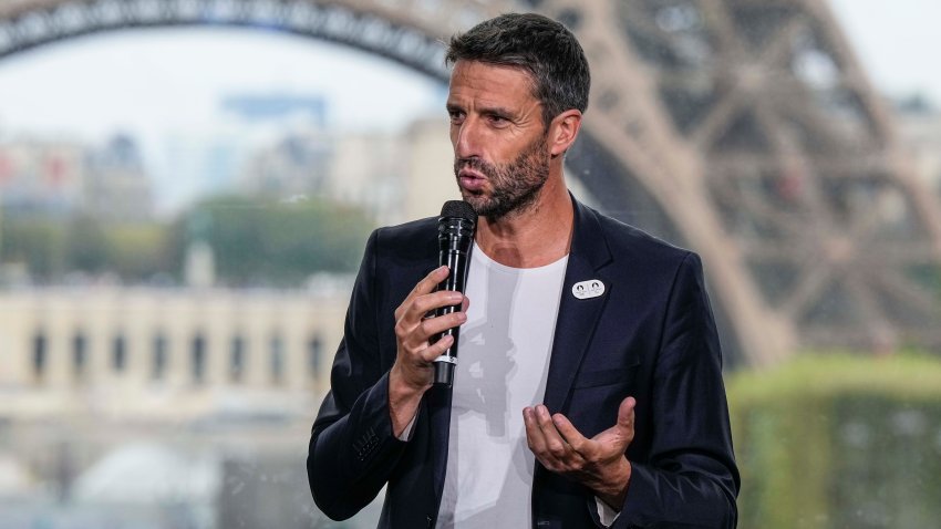 Tony Estanguet, the head of Paris 2024, the organizing committee of the Paris 2024 Games, gestures as speaks during a media conference in Paris, Monday, Aug. 28, 2023. Olympic and Paralympic organizers unveil plans and ambitions for next summer’s Paralympic games in Paris that start just over two weeks after the Paris Olympic games end. Eiffel Tower in the background.