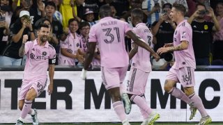 Inter Miami forward Lionel Messi (10) celebrates his goal against Nashville SC with teammates during the first half of the Leagues Cup championship soccer match Saturday, Aug. 19, 2023, in Nashville, Tenn.