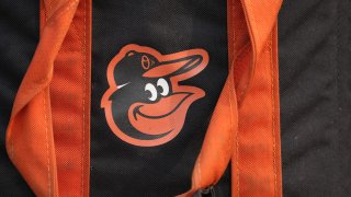 BALTIMORE, MD – JULY 17:  The Baltimore Orioles logo on a baseball bag on the field before a baseball game against the Los Angeles Dodgers at Oriole Park at Camden Yards on July 17, 2023 in Baltimore, Maryland.  (Photo by Mitchell Layton/Getty Images)