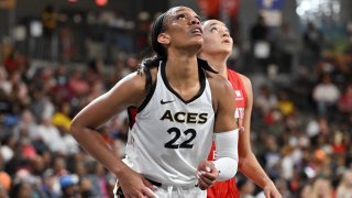 A’ja Wilson #22 of the Las Vegas Aces looks on during the game against the Atlanta Dream on Aug. 22, 2023, at Gateway Center Arena in College Park, Georgia.