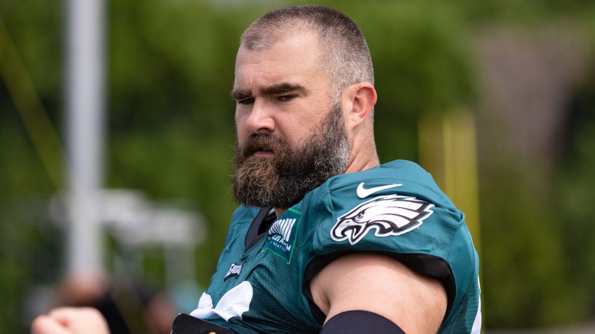 Philadelphia Eagles center Jason Kelce (62) adjusts his gear during  warm-ups prior to the NFL divisional round playoff football game against  the New York Giants, Saturday, Jan. 21, 2023, in Philadelphia. (AP