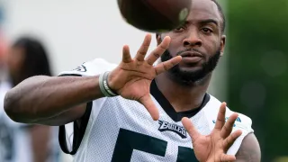 Jul 29, 2022; Philadelphia, PA, USA; Philadelphia Eagles outside linebacker Davion Taylor (52) catches a ball during training camp at NovaCare Complex.