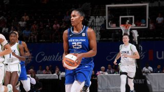 Alyssa Thomas #25 of the Connecticut Sun looks to pass the ball during the game against the Minnesota Lynx on August 1, 2023 at the Mohegan Sun Arena in Uncasville, Connecticut.