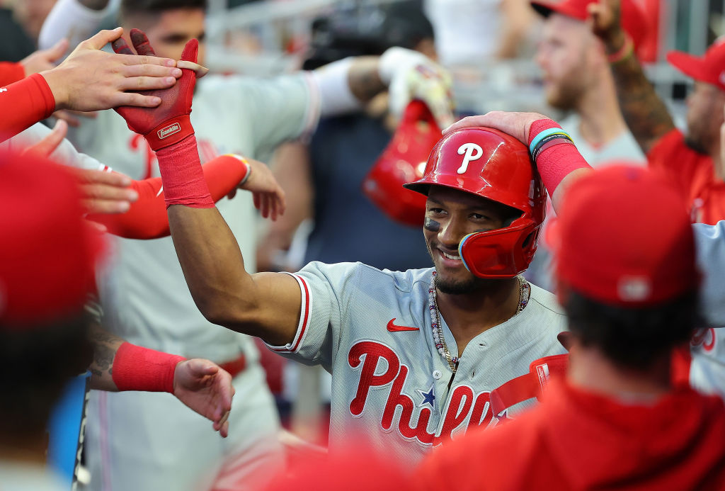 Alec Bohm of the Philadelphia Phillies celebrates hitting a one run News  Photo - Getty Images