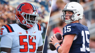 (L) Illinois Fighting Illini defensive lineman Sed McConnell. (R) Drew Allar of the Penn State Nittany Lions