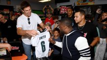 LINWOOD, NEW JERSEY - SEPTEMBER 30: Tom Brady and Kevin Hart attend Fanatics and Topps 'Hobby Rip Night' Event with Michael Rubin, Tom Brady, Kevin Hart and Travis Scott on September 30, 2023 in Linwood, New Jersey. (Photo by Dave Kotinsky/Getty Images for Fanatics)