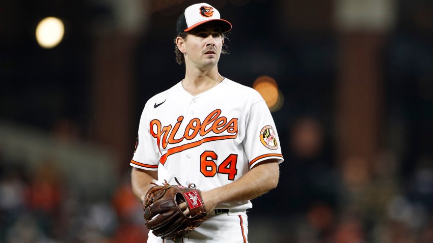 Dean Kremer of the Baltimore Orioles gets set to throw a pitch in the fifth inning against the Boston Red Sox at Oriole Park at Camden Yards on Sept. 28, 2023 in Baltimore, Md.