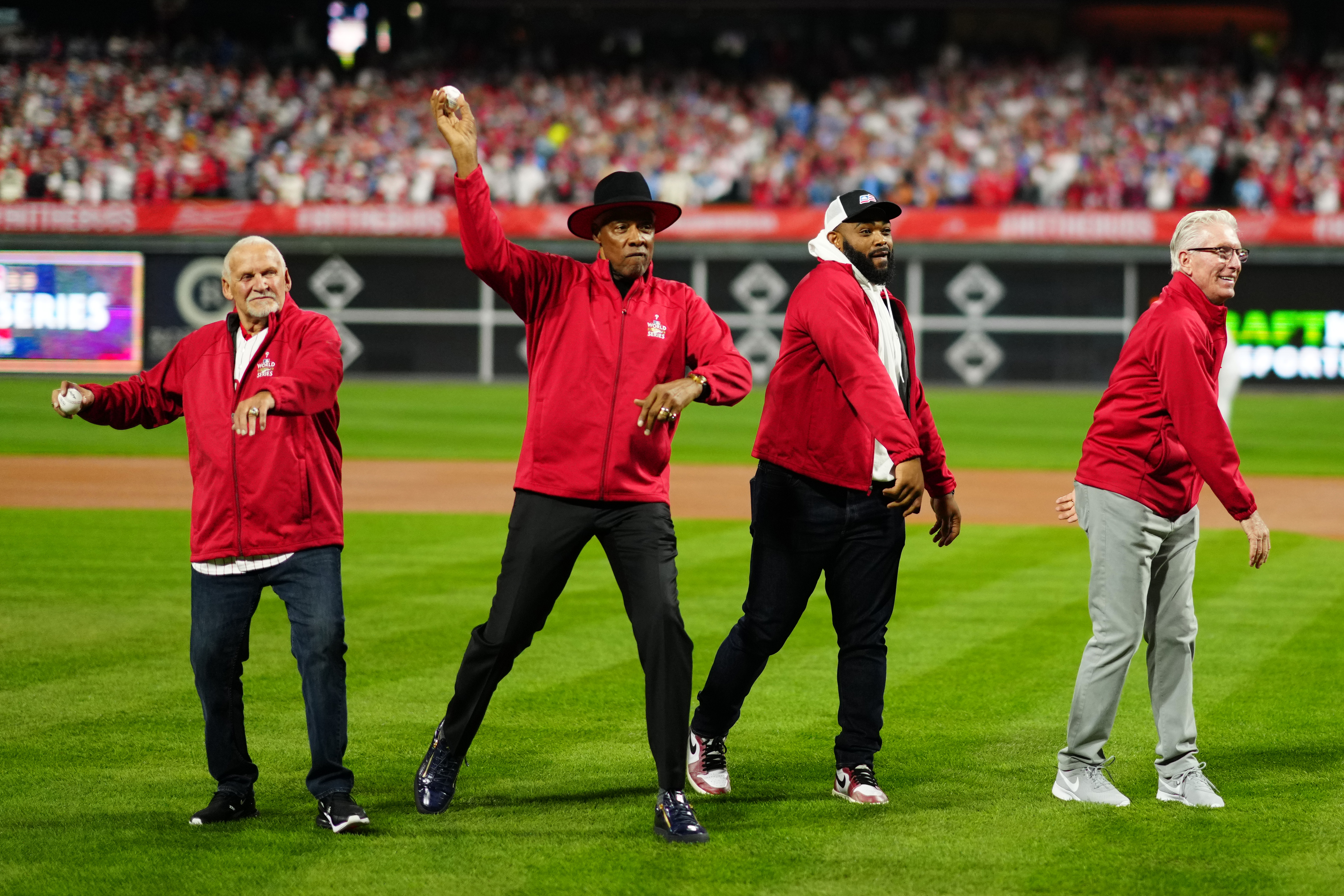 Phillies sports legends Bernie Parent, Dr. J Julius Erving, Brandon Graham and Mike Schmidt have all stepped up to show Phillies support while tossing out first pitches.