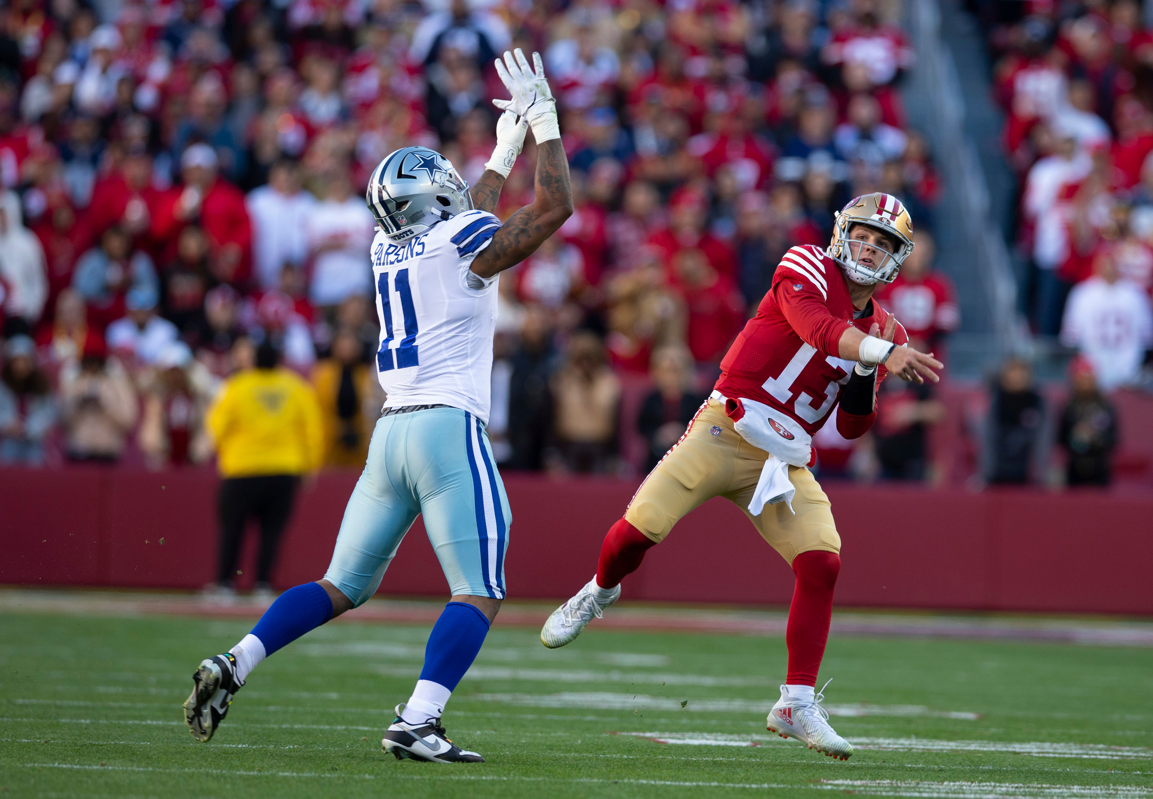 Brock Purdy #13 of the San Francisco 49ers passes during the NFC Divisional playoff game against the Dallas Cowboys at Levi’s Stadium on January 22, 2023 in Santa Clara, California. The 49ers defeated the Cowboys 19-12.