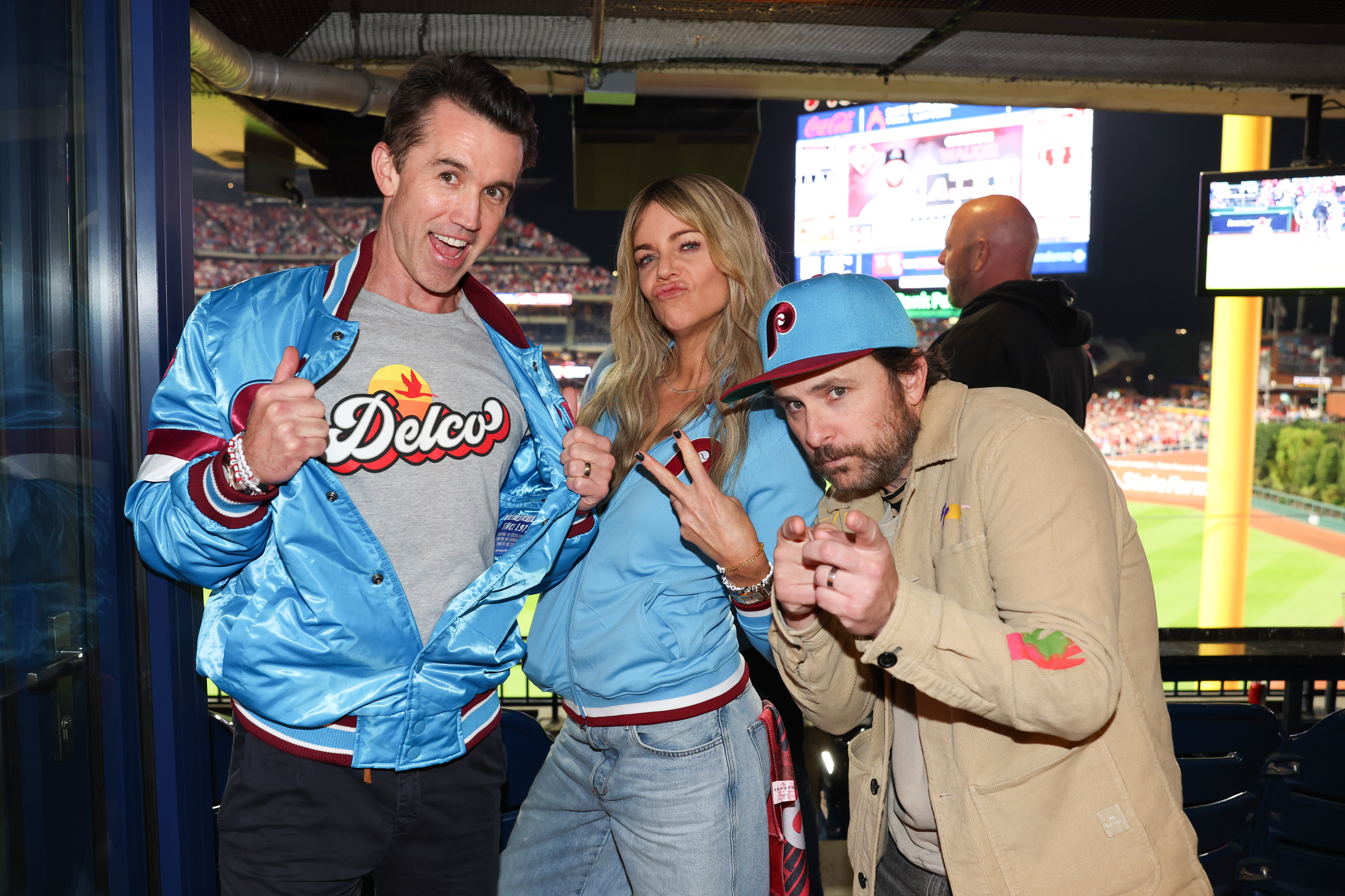 Rob McElhenney brought wife and co-star Kaitlin Olson and fellow "Always Sunny" star Charlie Day to Game 2 of the 2023 NLCS.