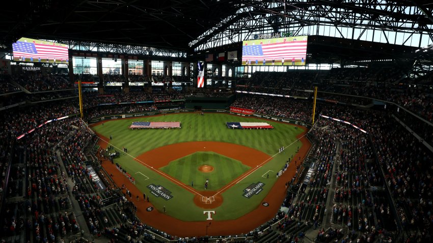 ARLINGTON, TEXAS – OCTOBER 20: A general view of the field during the national anthem prior to Game Five of the American League Championship Series between the Texas Rangers and the Houston Astros at Globe Life Field on October 20, 2023 in Arlington, Texas. (Photo by Richard Rodriguez/Getty Images)