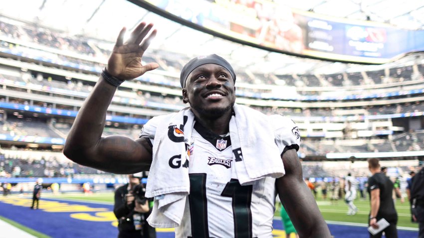 A.J. Brown of the Philadelphia Eagles celebrates after his team defeated the Los Angeles Rams at SoFi Stadium on Oct. 8, 2023.