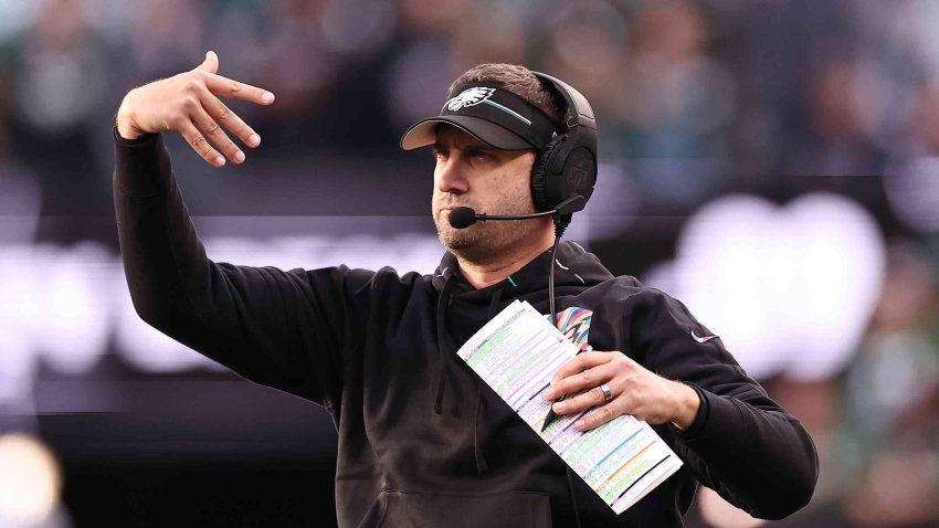 Head coach Nick Sirianni of the Philadelphia Eagles reacts during the first half in the game against the New York Jets at MetLife Stadium on Oct. 15, 2023, in East Rutherford, N.J.