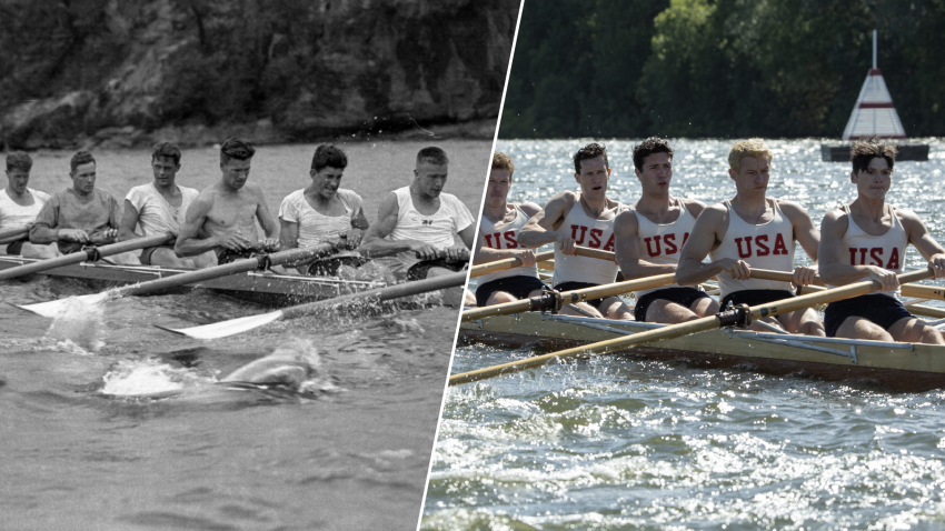 A split image of the 1936 United States crew team and the cast of the 2023 film, "The Boys in the Boat."