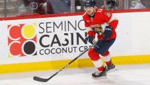 SUNRISE, FL - JANUARY 19: Sam Reinhart #13 of the Florida Panthers skates with the puck against the Minnesota Wild at the Amerant Bank Arena on January 19, 2024 in Sunrise, Florida. (Photo by Joel Auerbach/Getty Images)