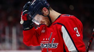 WASHINGTON, DC – MARCH 22: Nick Jensen #3 of the Washington Capitals looks on against the Carolina Hurricanes during the third period of the game at Capital One Arena on March 22, 2024 in Washington, DC. (Photo by Scott Taetsch/Getty Images)