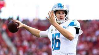 Jared Goff of the Detroit Lions warms up prior to the NFC Championship NFL football game against the San Francisco 49ers at Levi’s Stadium on Jan. 28, 2024 in Santa Clara, California.