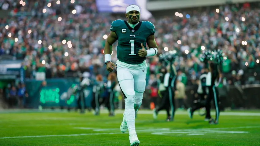 PHILADELPHIA, PENNSYLVANIA – DECEMBER 03: Jalen Hurts #1 of the Philadelphia Eagles runs onto the field during player introductions before an NFL football game against the San Francisco 49ers at Lincoln Financial Field on December 3, 2023 in Philadelphia, Pennsylvania. (Photo by Ryan Kang/Getty Images)