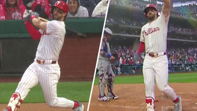 A dinger of the opposite field variety – Bryce Harper ties it up for the Phillies