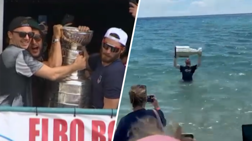 The Florida Panthers celebrated with the Stanley Cup at the Elbo Room in Fort Lauderdale as Matthew Tkachuk took it for a swim in the ocean.