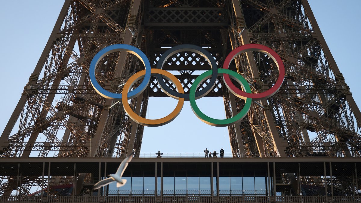 Paris Olympics staff unveil five Olympic rings mounted on the Eiffel ...