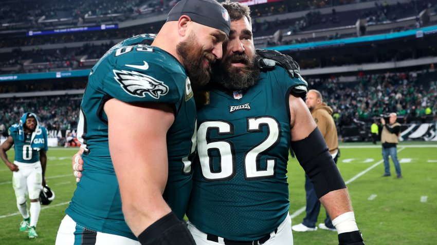 PHILADELPHIA, PENNSYLVANIA – NOVEMBER 05: Lane Johnson #65 and Jason Kelce #62 of the Philadelphia Eagles react after a win over the Dallas Cowboys at Lincoln Financial Field on November 05, 2023 in Philadelphia, Pennsylvania. (Photo by Tim Nwachukwu/Getty Images)